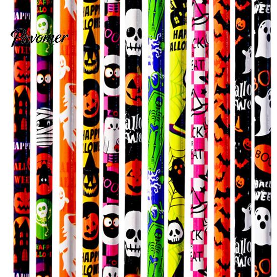 Kids Halloween Stationery 12 Pcs Pencils with 3D Skull Ghost Pumpkin Cat Erasers, Wood Bulk for Goodie Bags, School Classroom Rewards Supplies