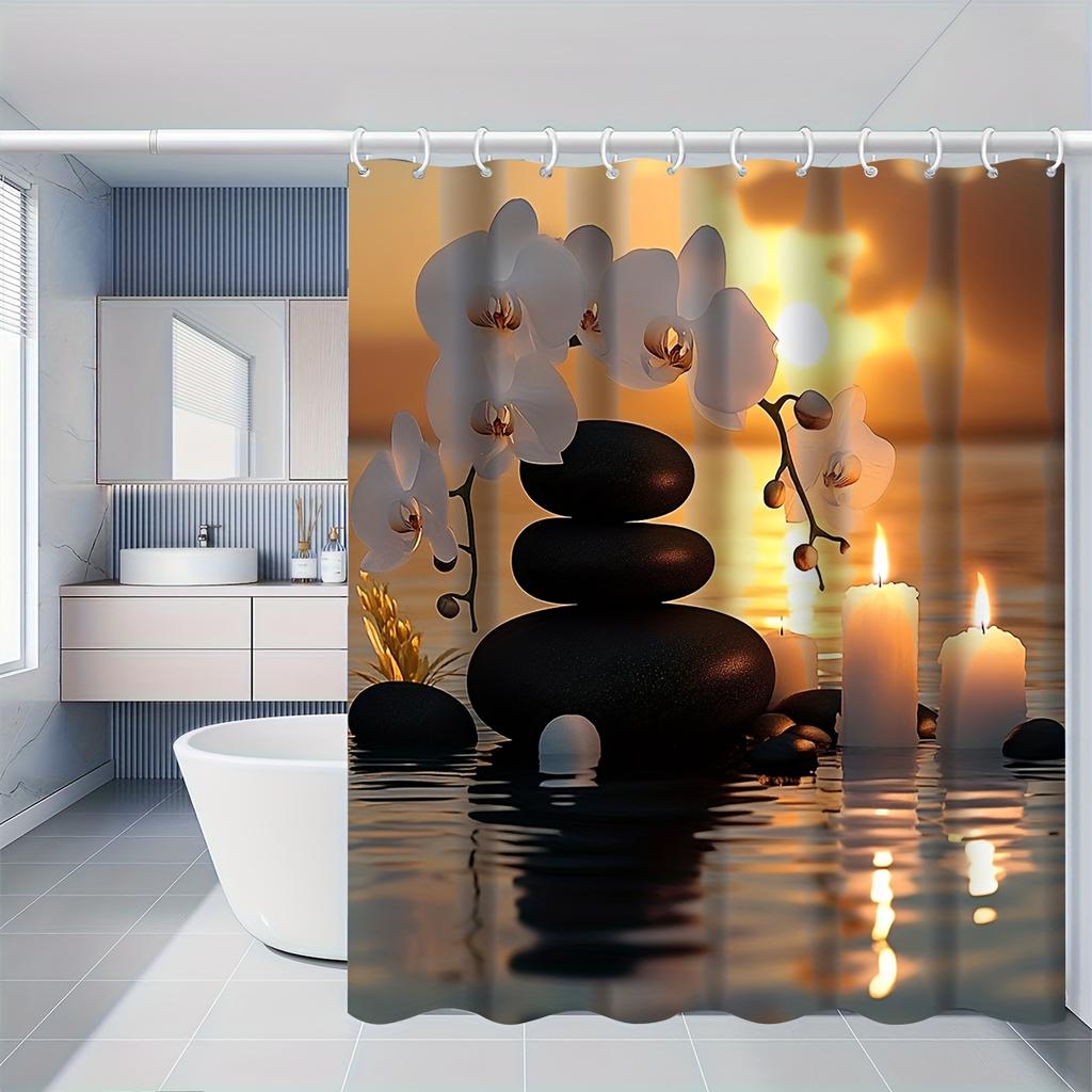 1/4pcs Zen Garden Shower Curtain Set White Orchid and Candles Pattern Waterproof Bath Curtain with 12 Hooks Non Slip Rug U Shaped Mat Toilet Decor