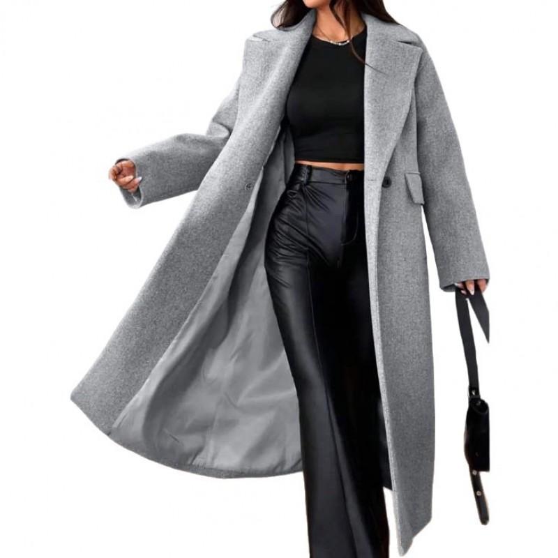 Womens Winter Wool Blend Long Coat Loose Fit Notched Collar Casual Outerwear Gray Black