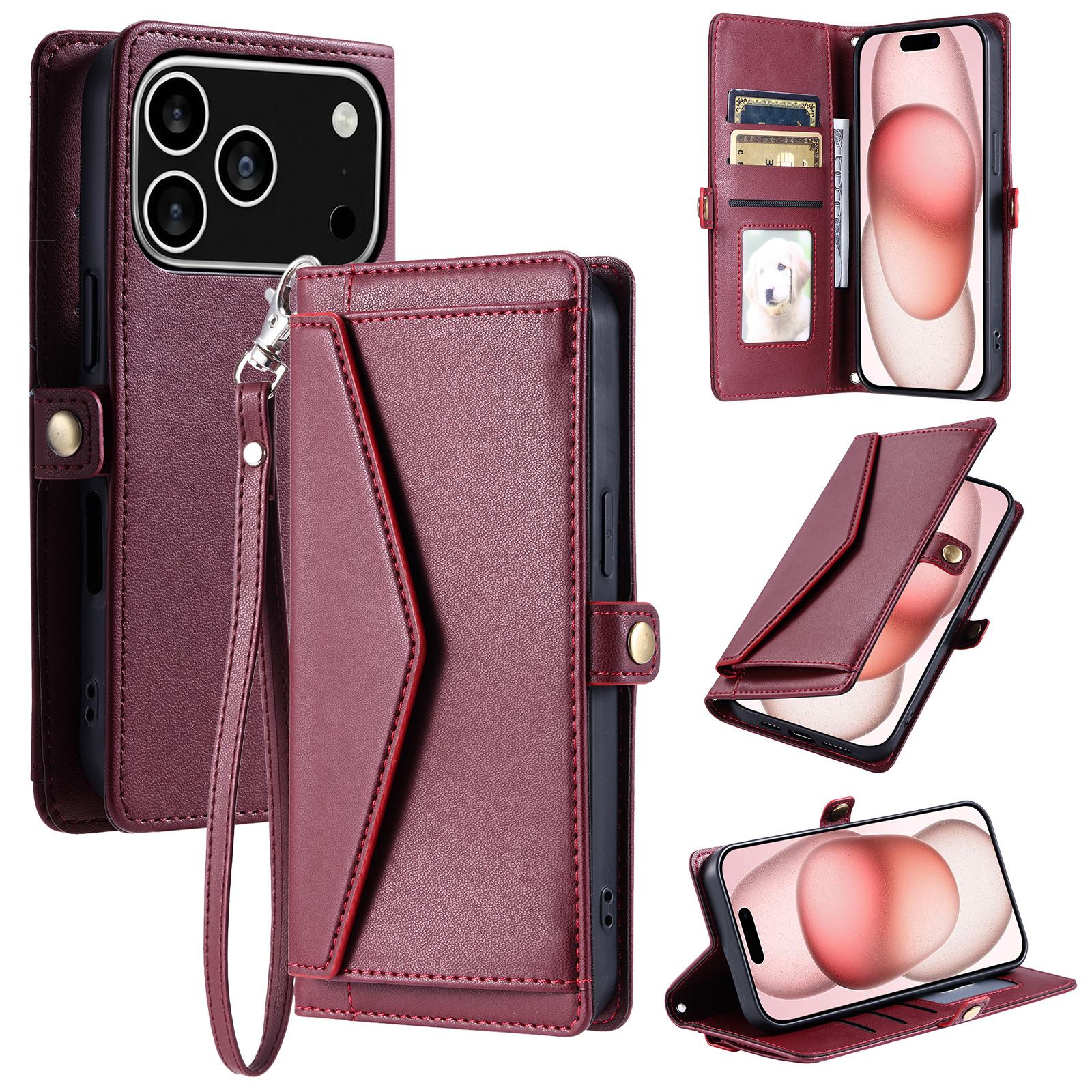 

For iPhone 17 Pro Leather Case with Wrist Strap Wallet Stand Phone Cover C