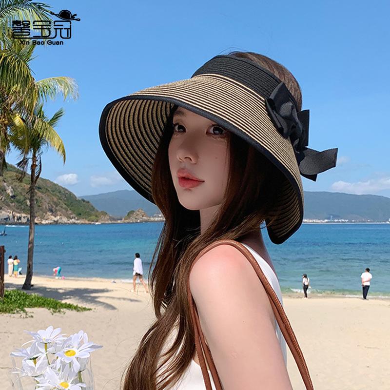 8483 Summer Shade Empty Top Straw Hat Foldable Straw Eaves Sunscreen Hat Women's Fashion Bow Sun Hat