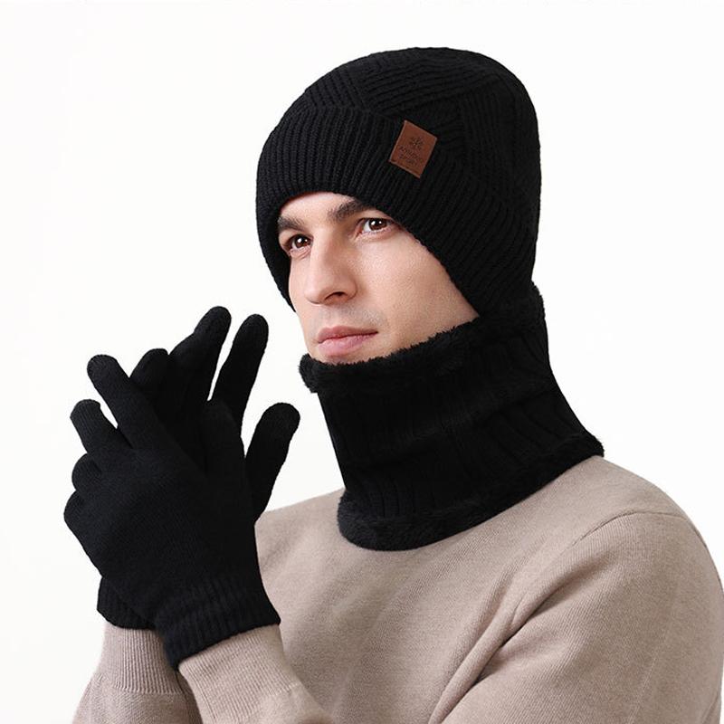 High Stretch Wool Hat Warm Kit Men's Winter Outdoor Warm Knitted Hat Scarf Gloves Three-Piece Set