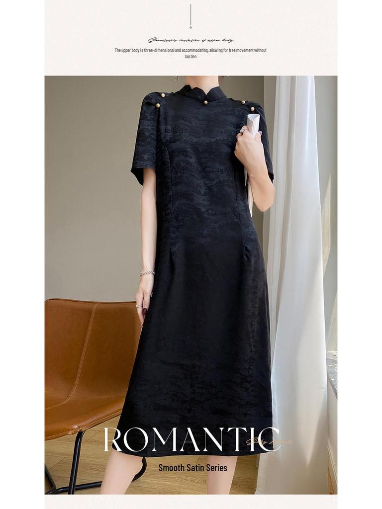 Women's Summer Stand Collar Cheongsam: Slim, Versatile, Retro Satin Long Dress