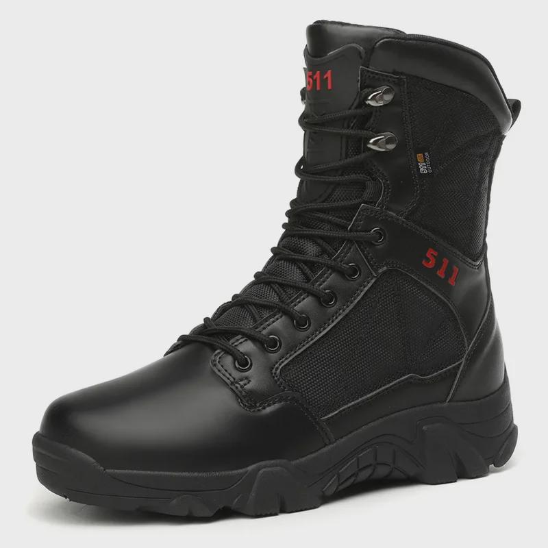 Men's High-Top Leather Outdoor Work Boots - Large Size, Lace-Up, Thick-Sole for Hiking, Autumn/Winter.