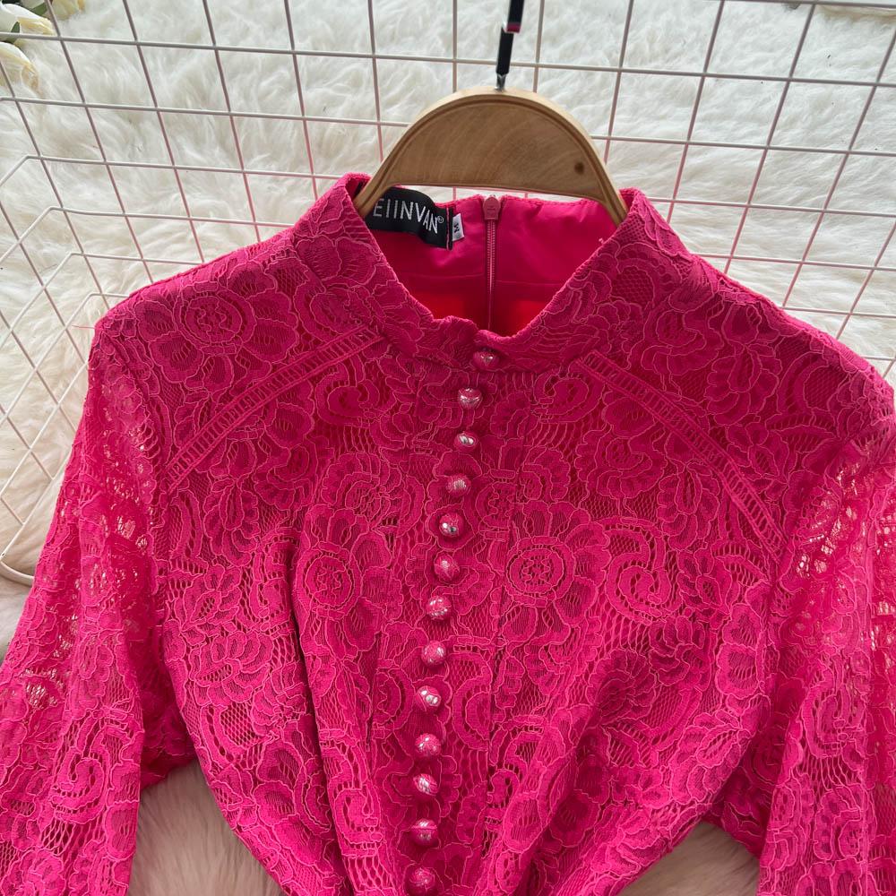 French Court Style Dress Women's Autumn High-end Single-breasted Waist and Thin Temperament Lace Long Dresses