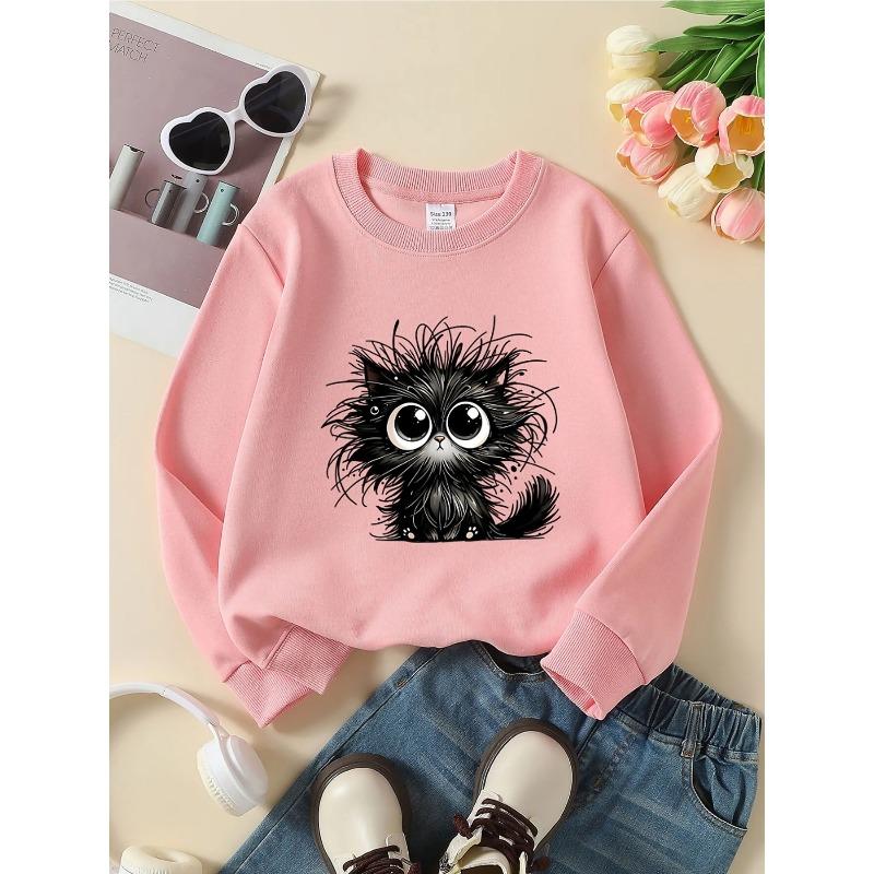 Kids Unisex Crewneck Sweatshirt, Cute Messy Fluffy Black Kitten With Big Eyes Cartoon Print Soft Fleece Pullover For Kids Over 4 Years Old