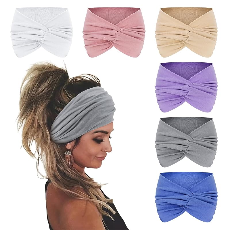 Wecoe Headbands for Women, 6pcs Fashion Knotted Headbands Wide Elastic Thick Turban Headbands for Wigs African Hair Head Wrap Sweat Headbands Workout