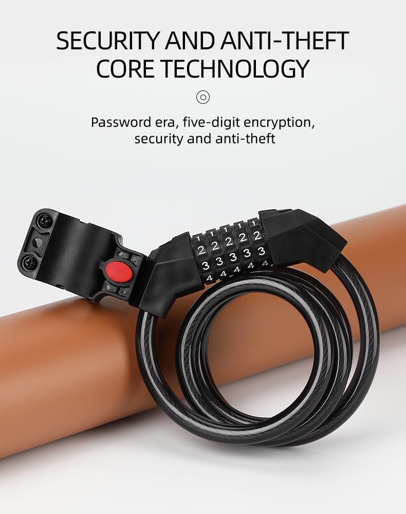 Bike Cable Lock 5 Digit Resettable Waterproof Coiled Security Lock 1.2M Black
