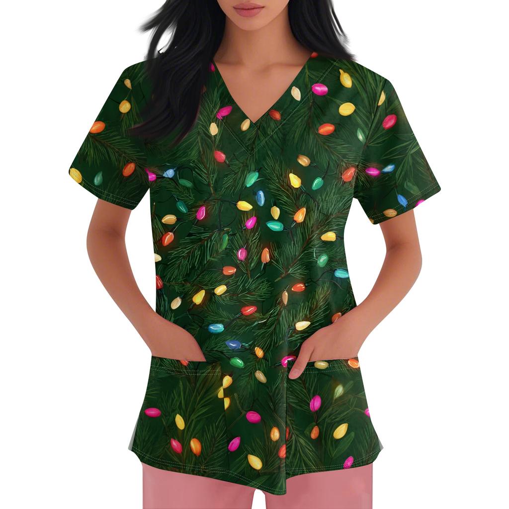Women's V-neck Christmas printed short-sleeved pocket side-slit protective suit top