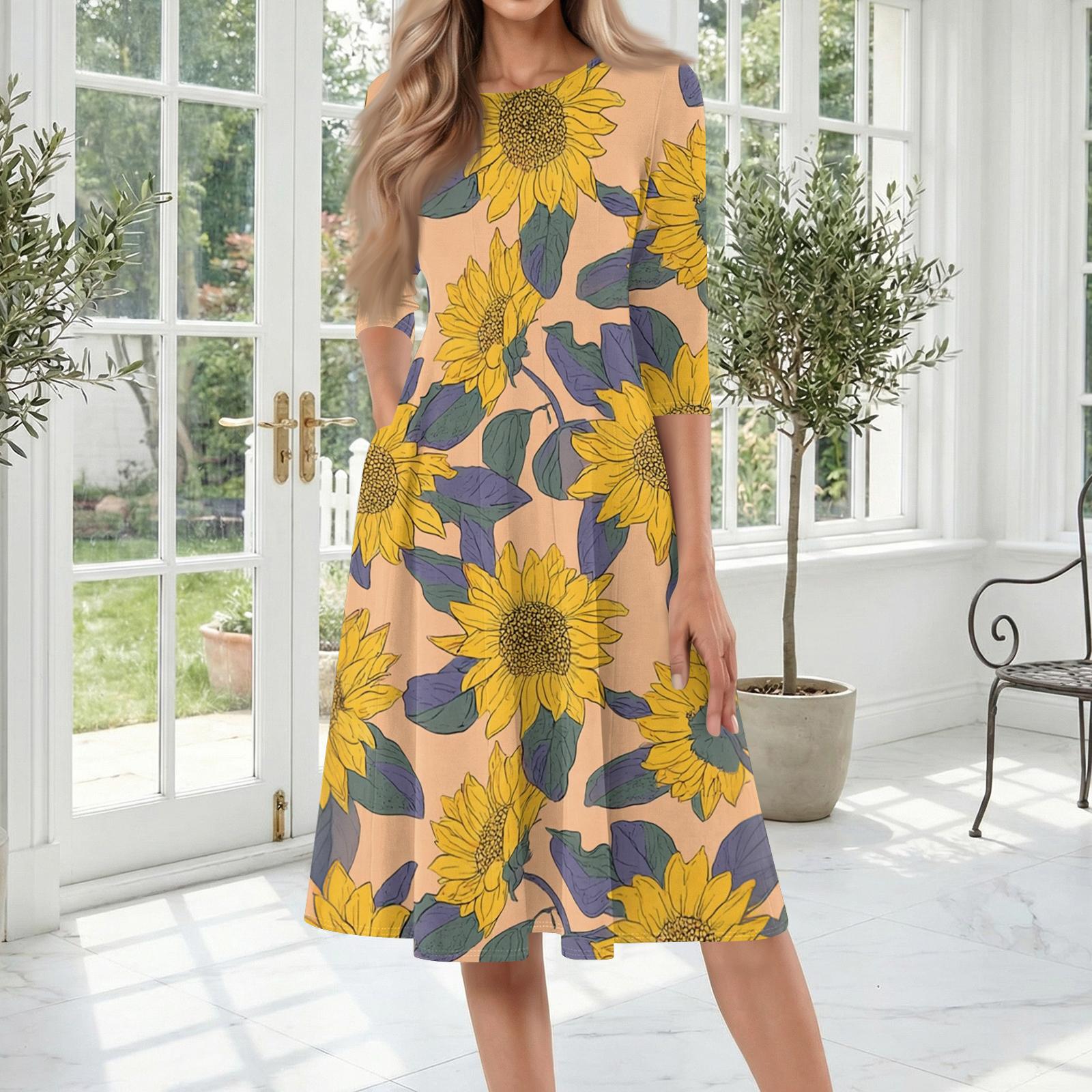 

Women’s Casual Round Neck Three Quarter Sleeve Floral Print Midi Dress Loose Fit Soft Fabric Comfortable Style XXL оранжевый