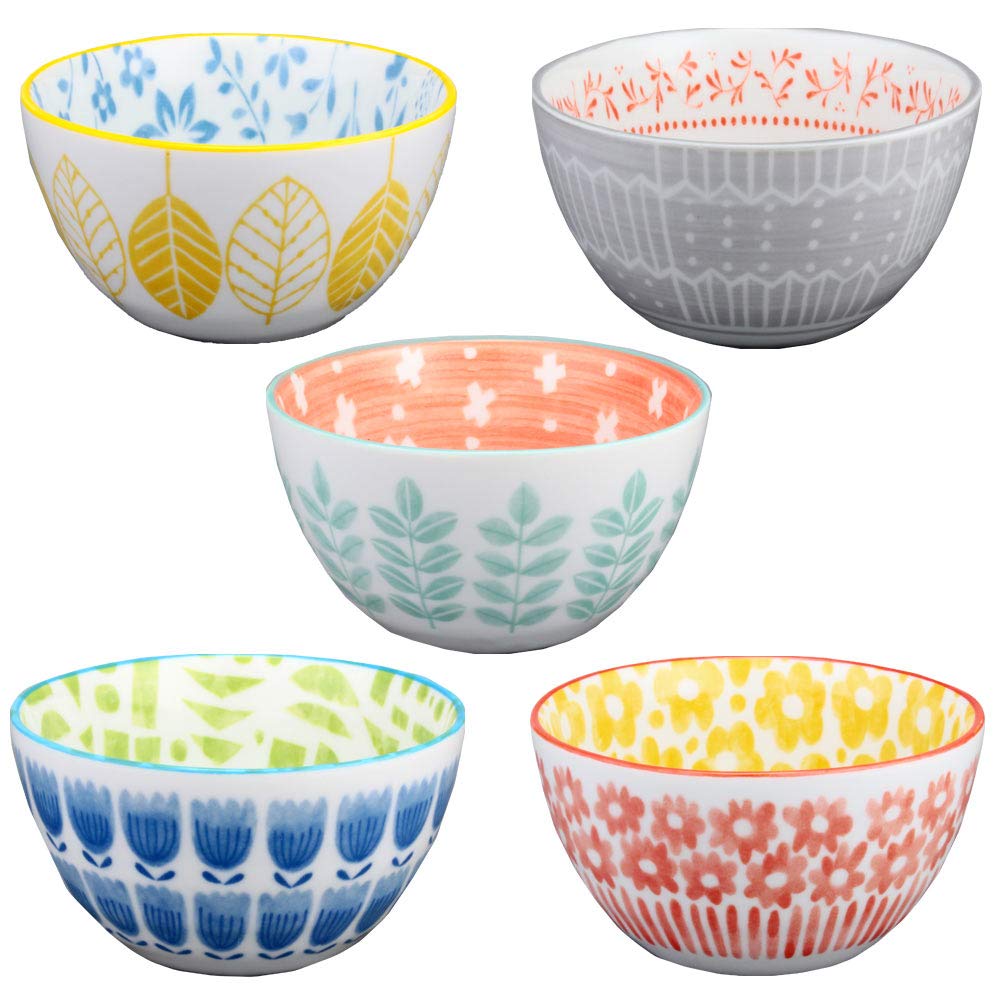 Colorful Living Mino Scandinavian 5 Pattern Made In Diameter Microwave Dishwasher Ceramic Stylish Bowl, Ware, Flower, Set, Japan, 12.5cm, 480ml, Bowl,