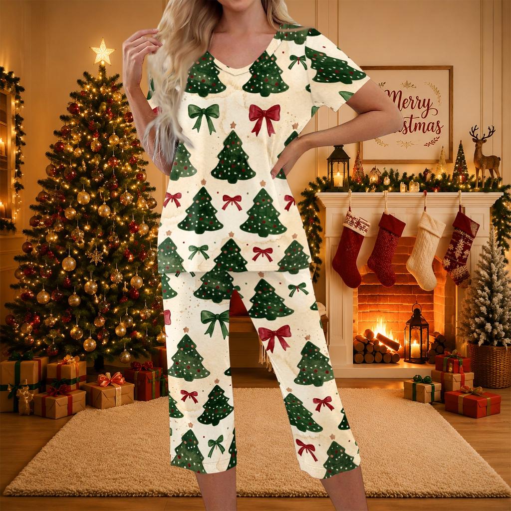 Women's Casual Christmas Print Two-Piece Outfit with Short Sleeve Top and Pants