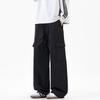 Solid color simple trendy brand splicing tooling casual pants men's trendy loose wide-leg straight elastic waist long pants men
