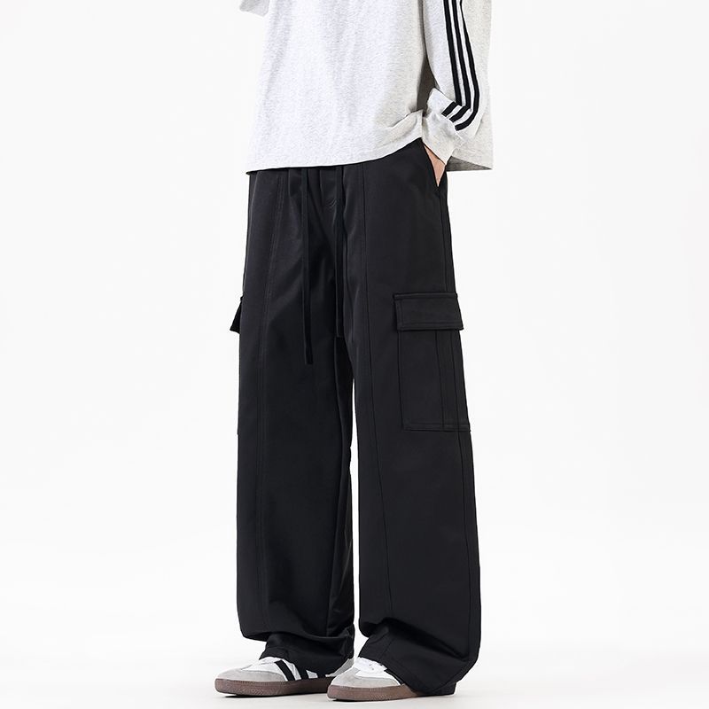 Solid color simple trendy brand splicing tooling casual pants men's trendy loose wide-leg straight elastic waist long pants men
