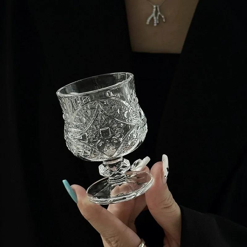 6pcs Vintage Carved Glass Mini Fruit Wine Cup Light Luxury Delicate Goblet Fashion Creative Home High Appearance Level Shot Cup