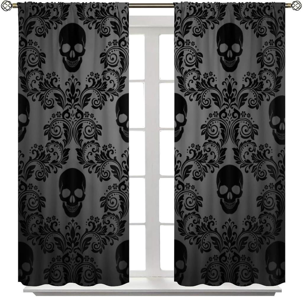 Gothic Black Damask Curtain Vintage Floral Exotic Suger Skull Window Treatments Bedroom Bone Skeleton Antique Bohemian Polyester Washable Ready