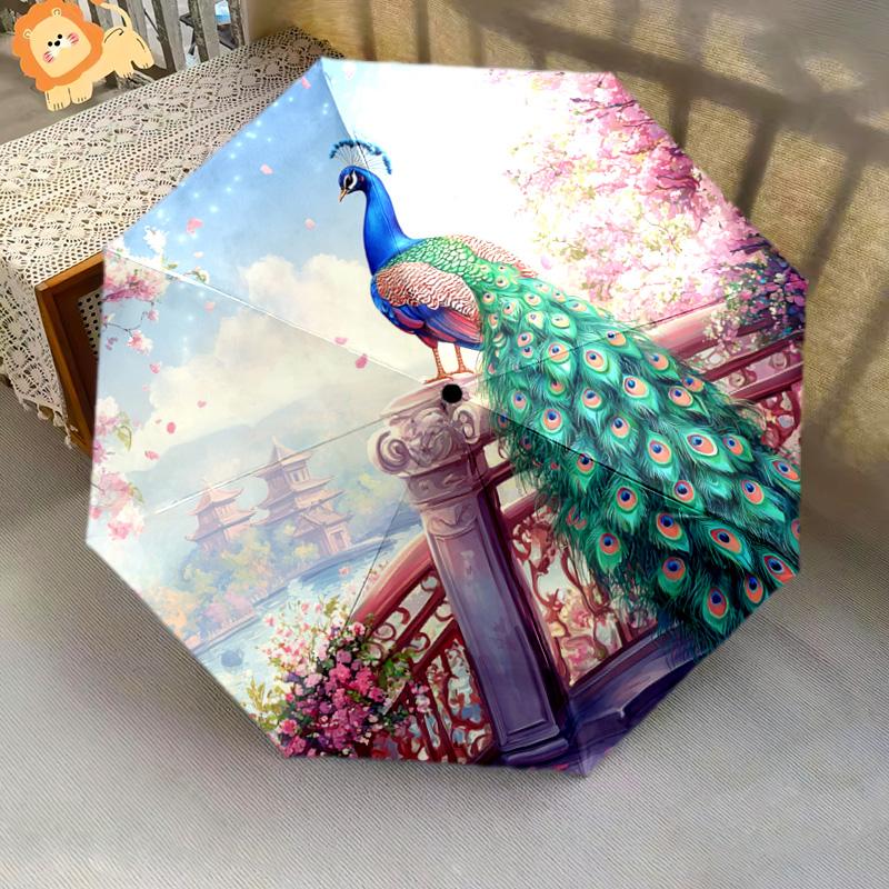 1 PC Automatic Folding Umbrella - Peacock Garden Pattern, Portable & Foldable Design with 8 Ribs, Christmas Birthday Gifts