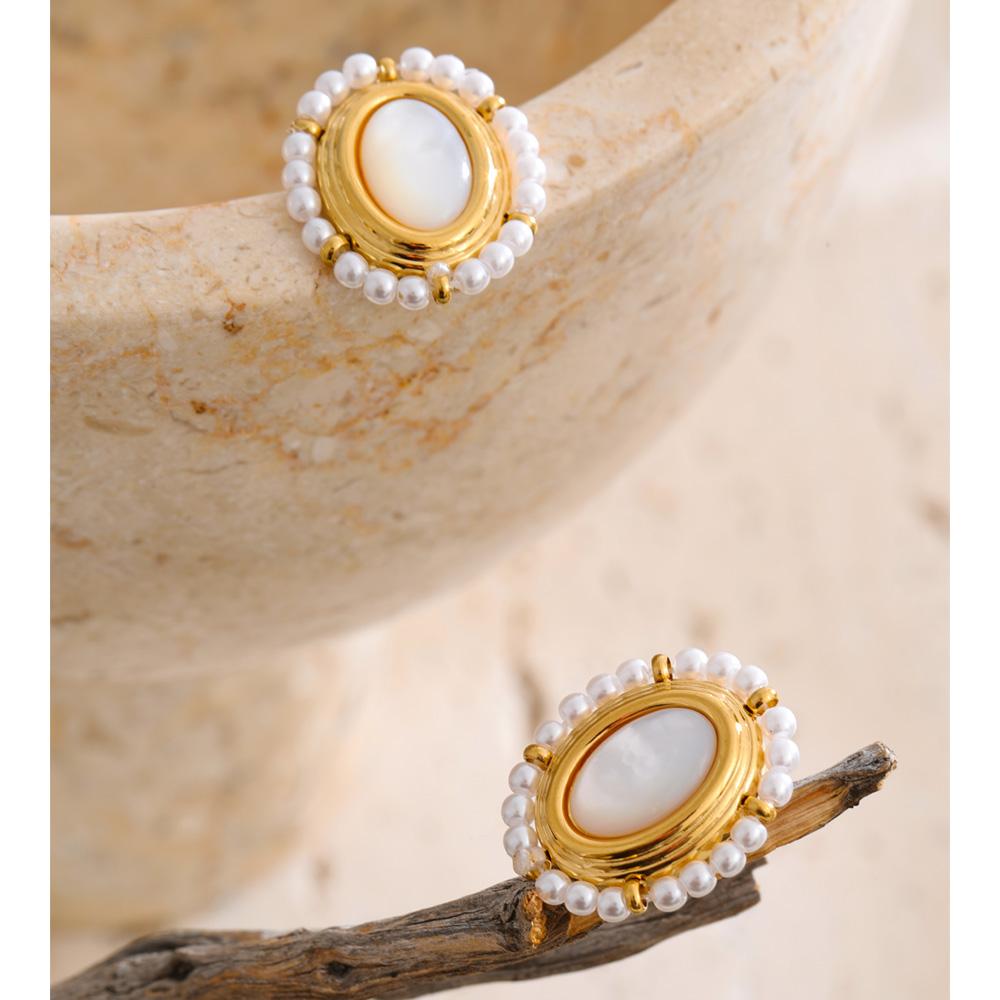 Eetit France Style Fashion Stainless Steel Stud Earrings Inlaid Thicker Natural Shell Stone Imitation Pearls Waterproof Jewelry