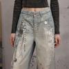 unifree American Style Chain Print Distressed Wide-Leg Denim Jeans