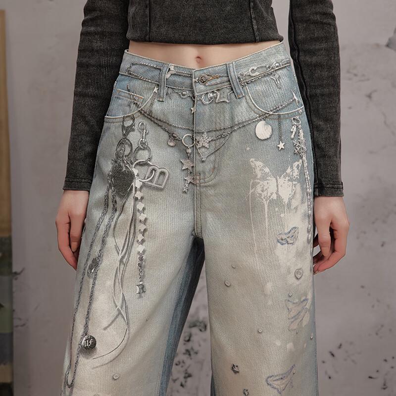 unifree American Style Chain Print Distressed Wide-Leg Denim Jeans