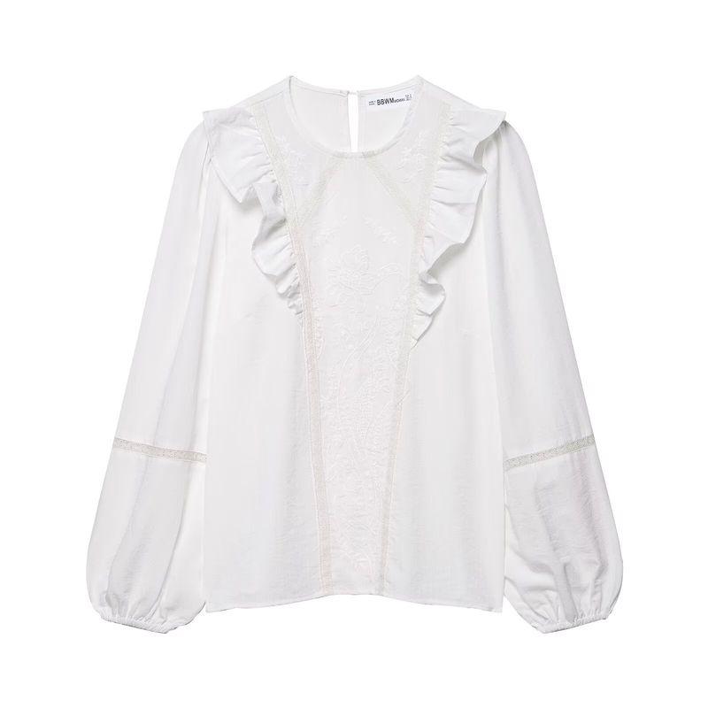 Za Autumn New Women Clothes 2025 Western Style Round Neck Flower Embroidery Laminated Decoration Shirts 7200226