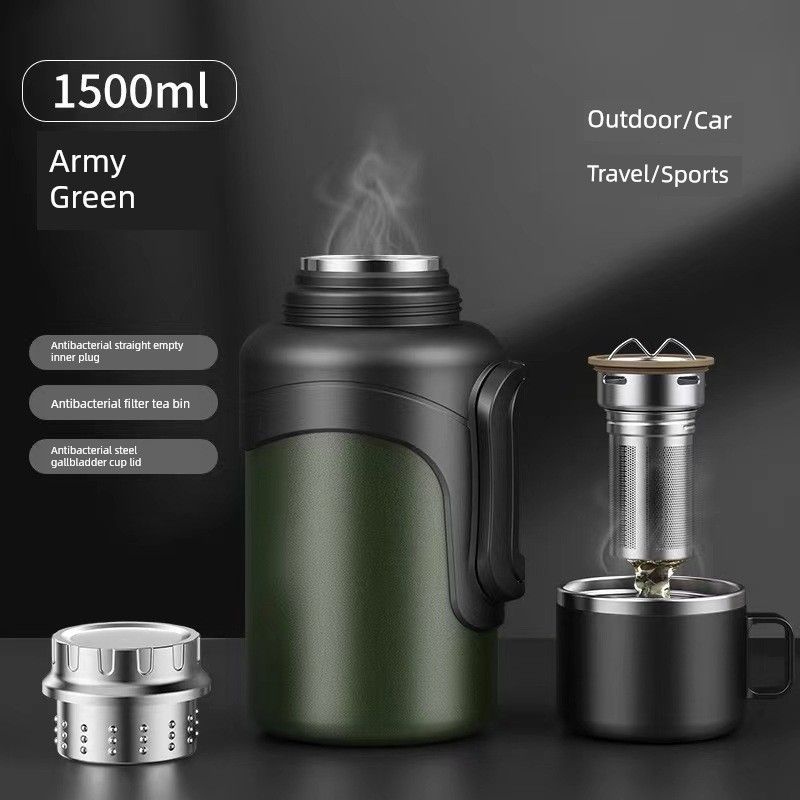 

Outdoor 316 Stainless Steel Outdoor Car Large Capacity Thermos Cup Kettle Travel Household Hot Water Bottle Green 1500ml