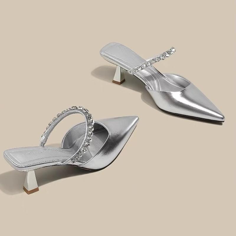 Fashion 20525 New Women's Fashion Shoes High Heel Pointed Back Vacant Woolen Shoes Water Embellished Slippers Rubber Outsole