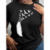 [Feathers T-Shirt] Women's White Feathers Short Sleeve T-Shirt | Casual Round-Neck Top for Spring and Summer