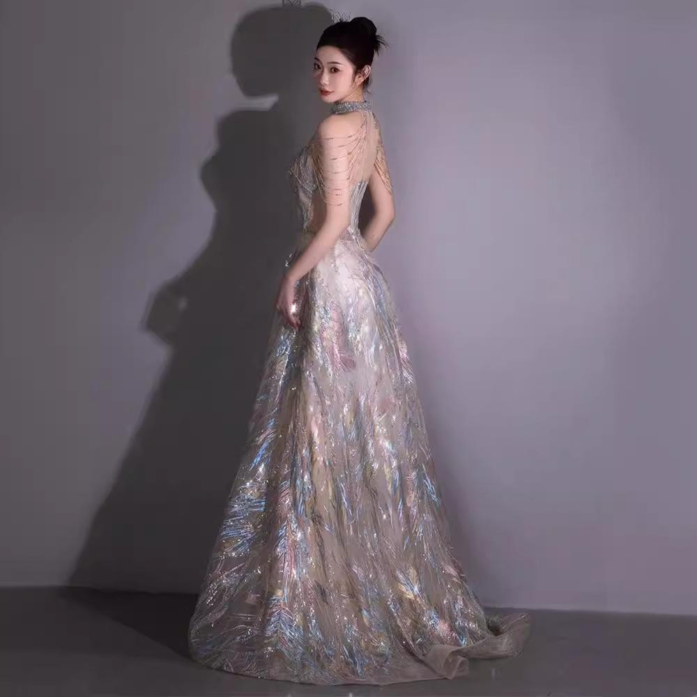 Toast Bride 1011 New Light Luxury Niche Sequins Neck Sleeveless Banquet Host Evening Dress Dress