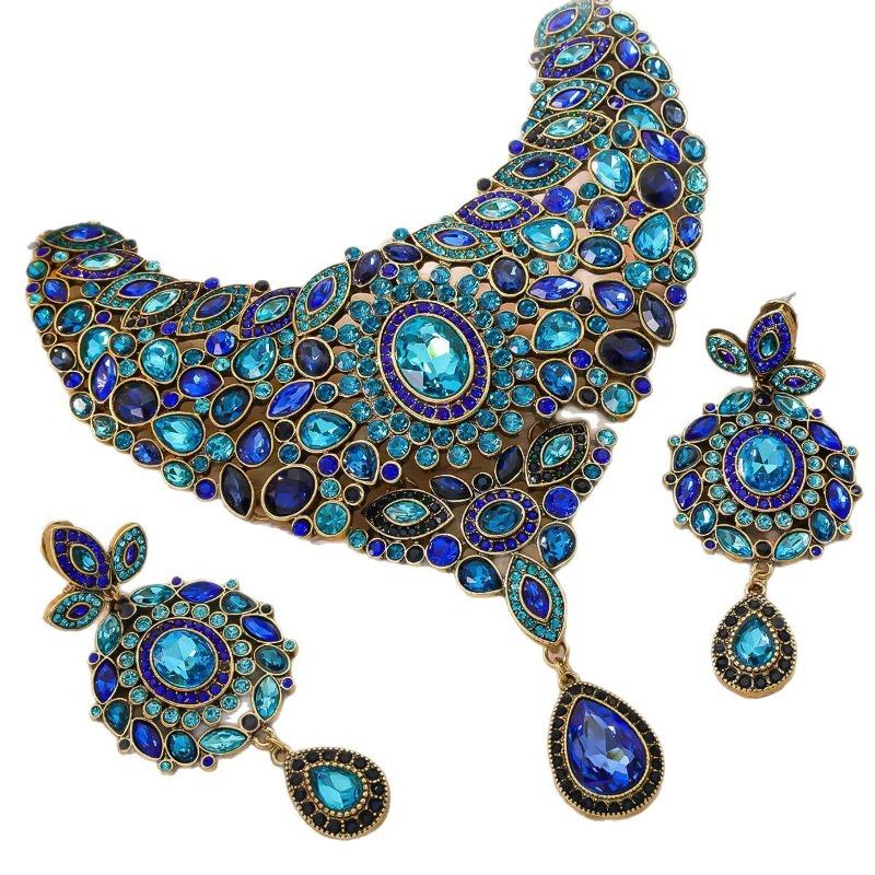 Mittelalterlicher Retro Bosnischer Stil Übertriebene Blaue Edelsteine Volle Halskette Ohrstecker