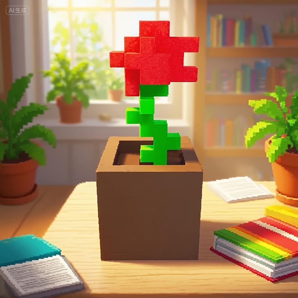 1 Stück Pixel-Rosenblüten-Ornament, 3D-gedruckte einzigartige Blumendekoration, Kunststoff-Blumenartikel geeignet für Nachttisch, Schreibtisch, Büro