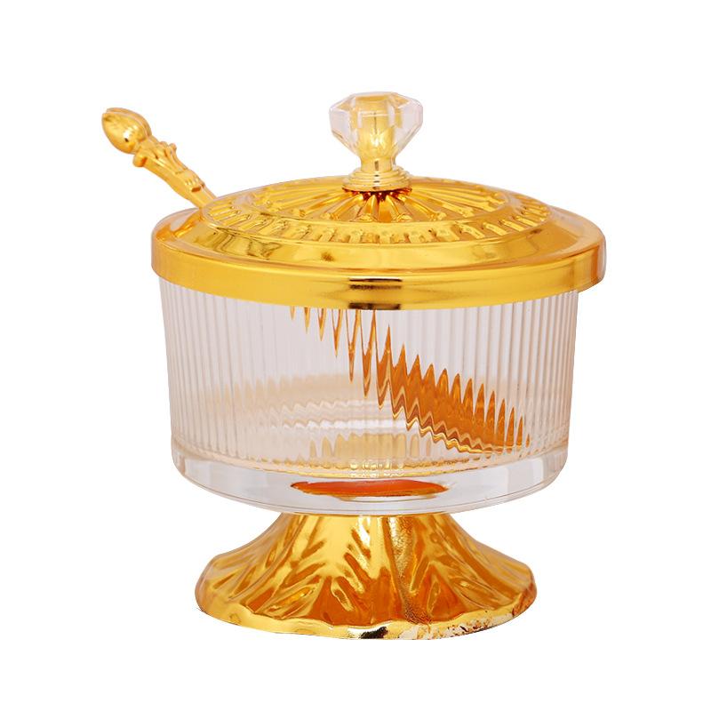 Golden Glass Seasoning Jar with Lid Metal Candy Box Kitchen Salt Sugar Jar Soy Sauce Vinegar Bottle Room Decor Fruit Snack Box
