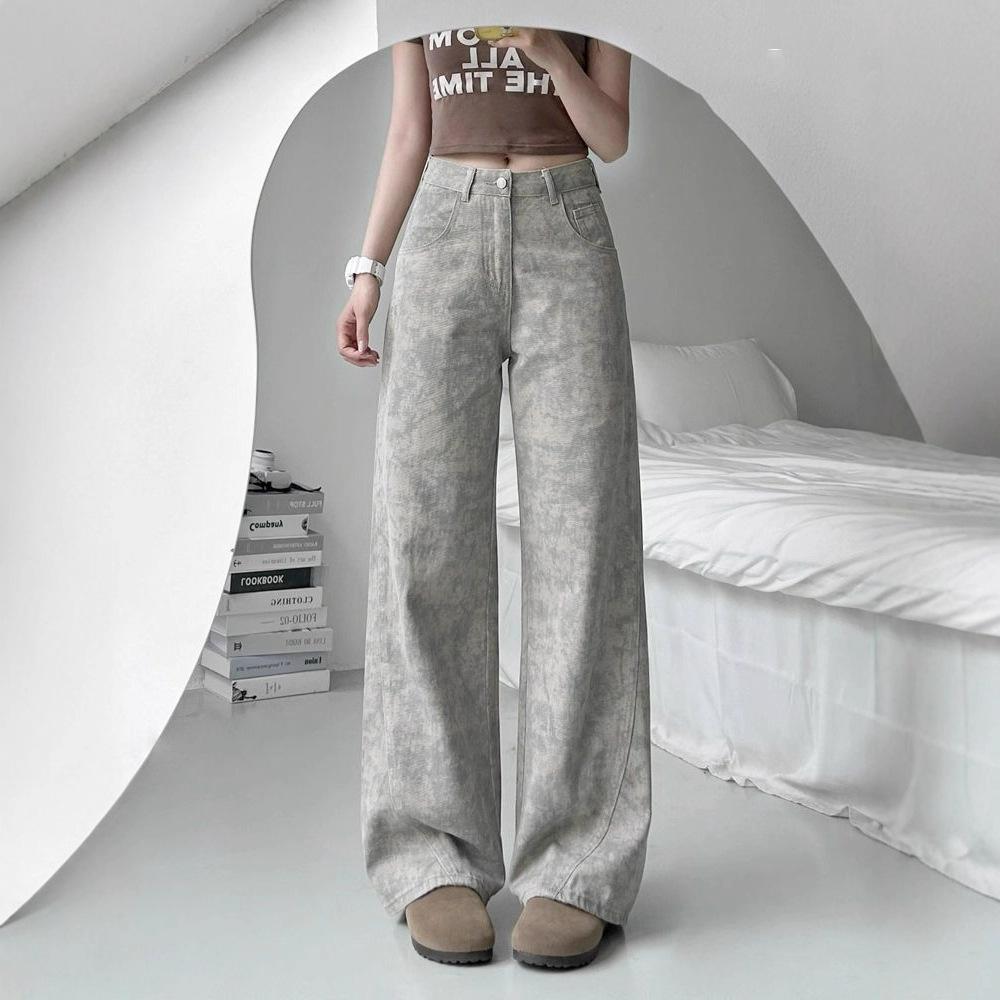 Summer Wide-legged Jeans Female Thin Section Tie Dye Printing Niche Design Loose Straight Pants Retro Street Style Baggy Long Jeans for Ladies