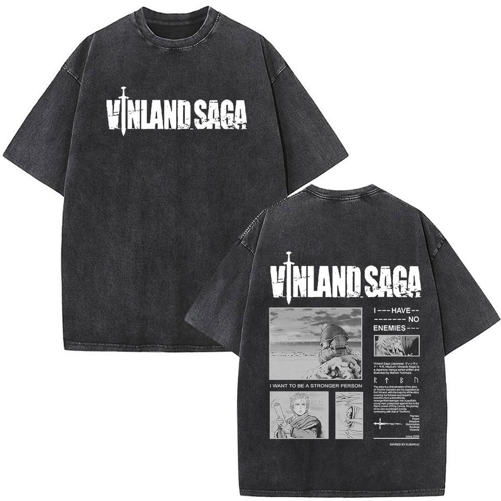 Anime Vinland Saga Thorfinn I Have No Enemies Vintage Washed T Shirt Mens Women Manga Casual Oversized Tshirts Male Streetwear