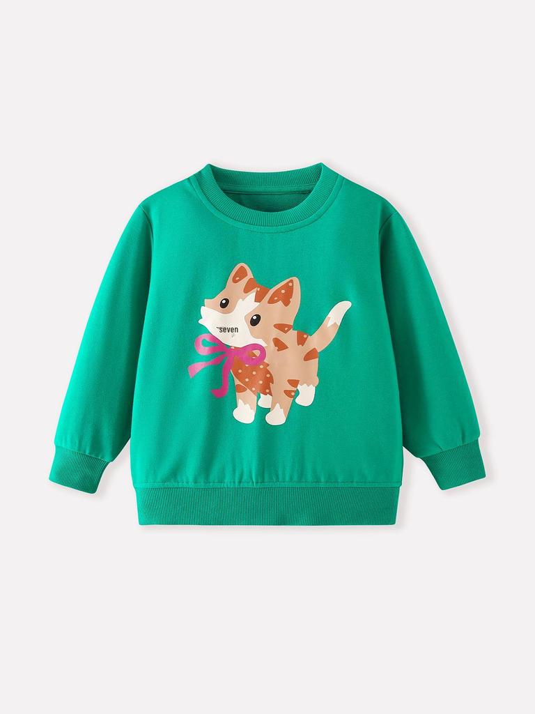 KuaJing Kids' 26th Autumn/Winter Cat Bow Print Round Neck Long Sleeve Sweatshirt