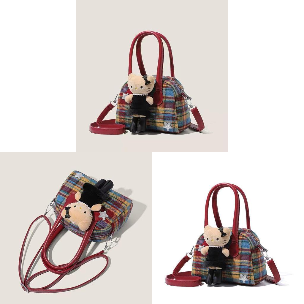 Zusammenklappbare PU-Schultertasche Hello Kitty mit rotem Karomuster für den täglichen Gebrauch