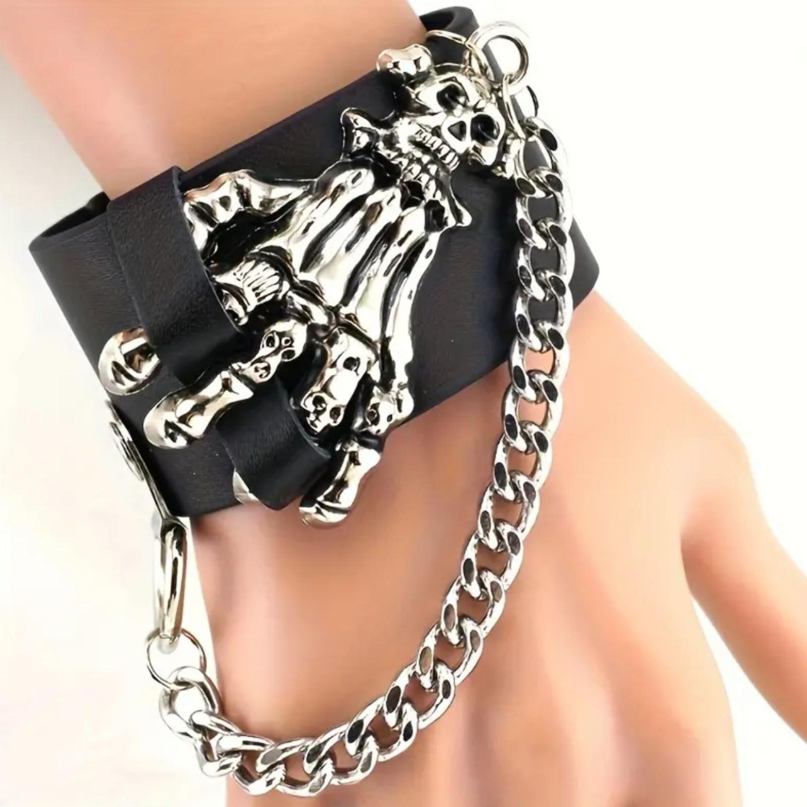 Vintage Punk Skull Chain Bracelet Gothic Claw Link Wristband Motorcycle Style Metal Link Chain Adjustable Leather Band One Size
