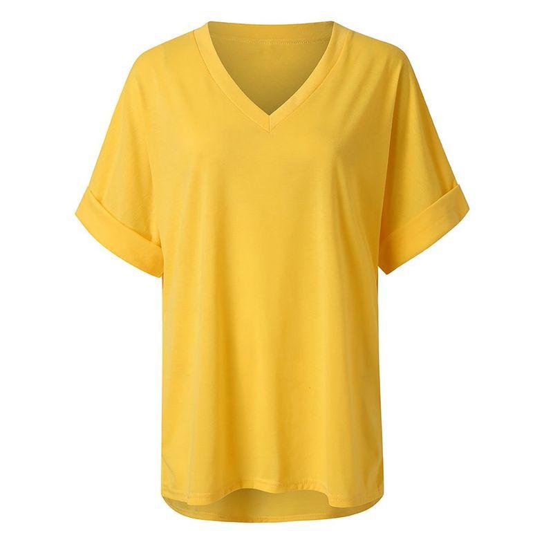 

Style Street Fashion New Arrival Solid Color and V-neck Short Sleeve Loose-Fitting Casual T-shirt Plus Size Women s Clothing Split Tops Fashion Yellow S