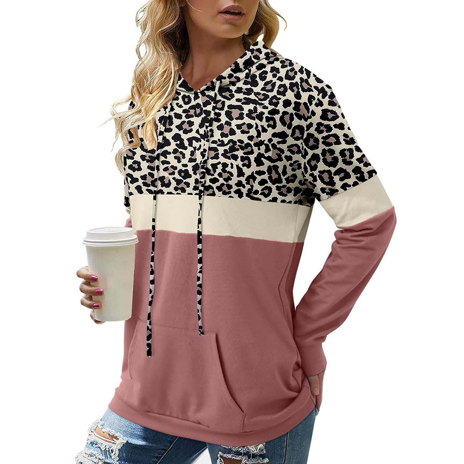 

Fashion Women Leisure Leopard Print Patchwork Long Sleeve Hoodies Tops XXL рожевий