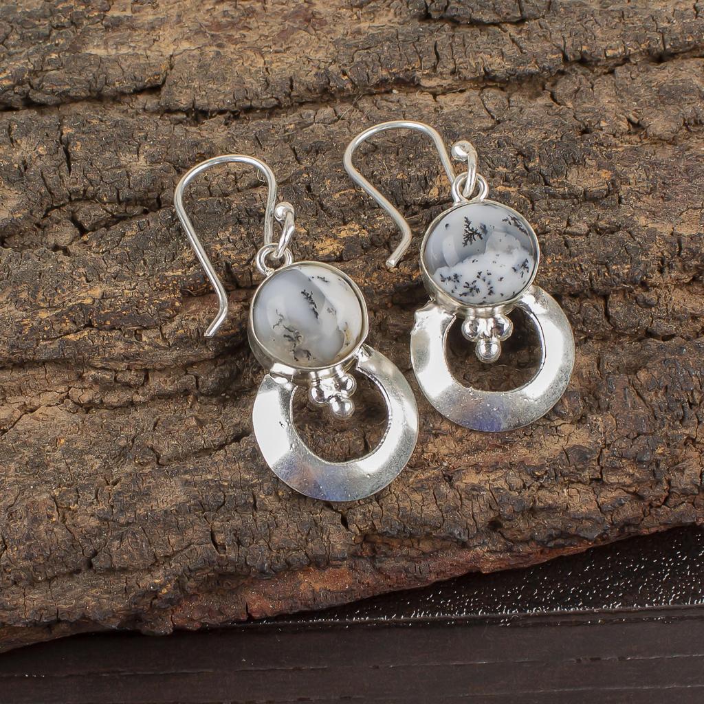 Dendritic Opal Gemstone Jewelry, Handmade Silver Earrings, 925 Sterling Silver Meditation Jewelry Grandma Gift For Her