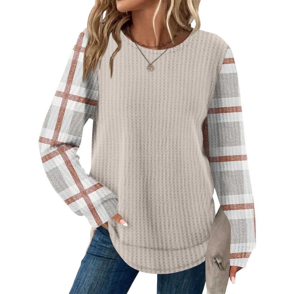 Women's Plaid Print Round Neck Long Sleeve Casual Loose Top