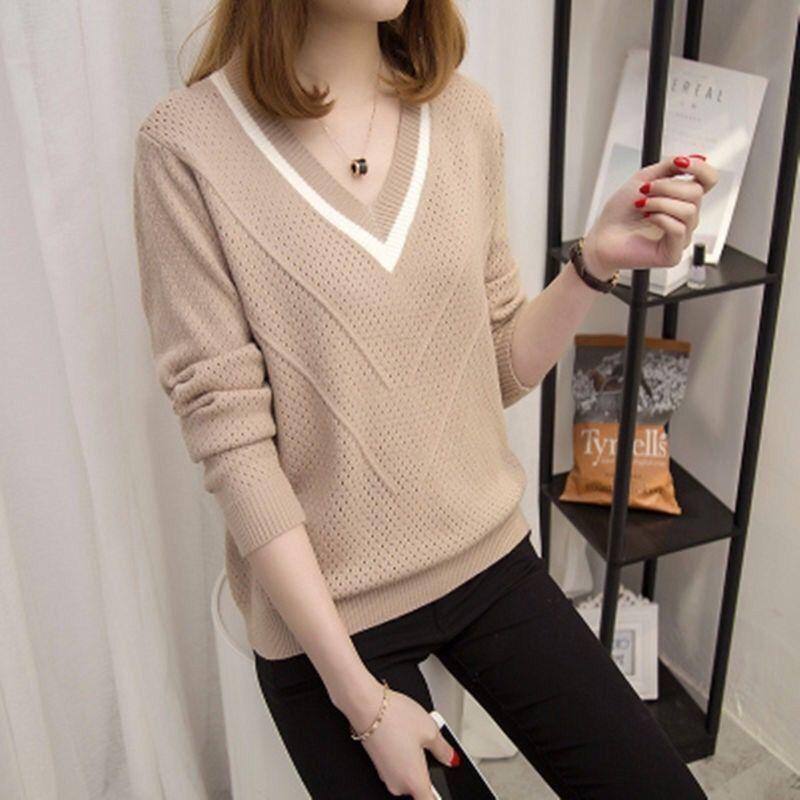 Damen Lässiger Hohlstrickpullover Herbst Winter V-Ausschnitt Langarm Warmer Pullover Damen Pullover