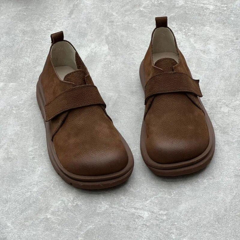 Johnature Neformální ploché boty z pravé kůže Retro kulatá špička Měkká podrážka Pohodlné jednobarevné boty