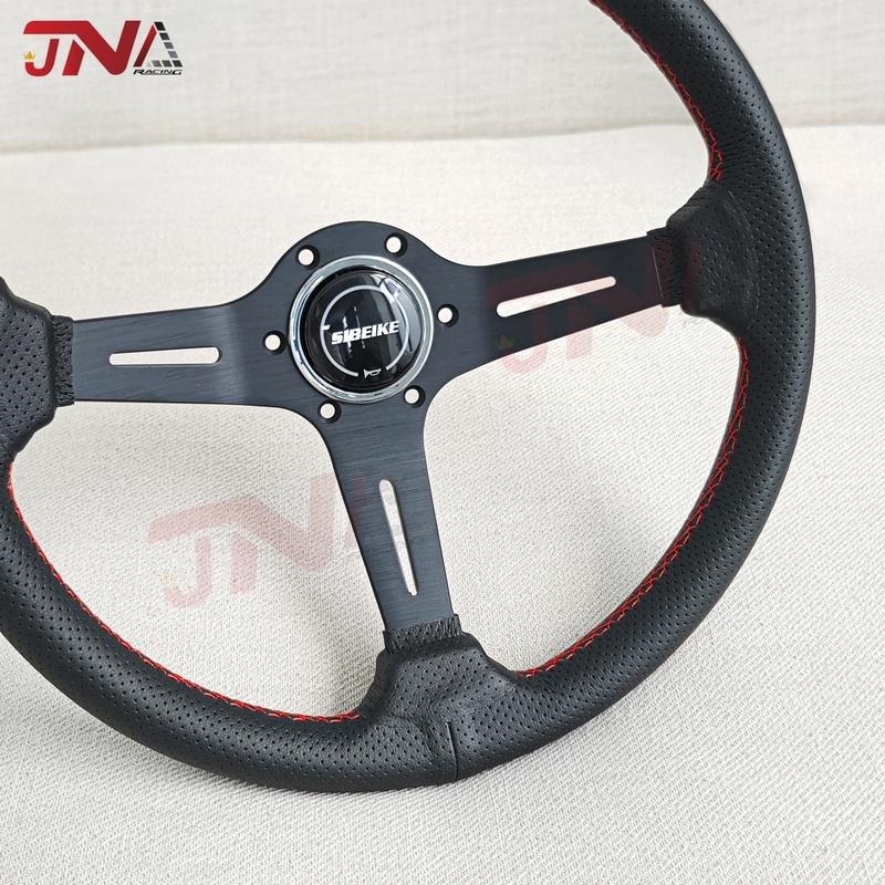 14inch 350mm Aluminum Spoke Perforated Leather Auto Racing Steering Wheel Deep Corn Drifting Sport Steering Wheel Red Line