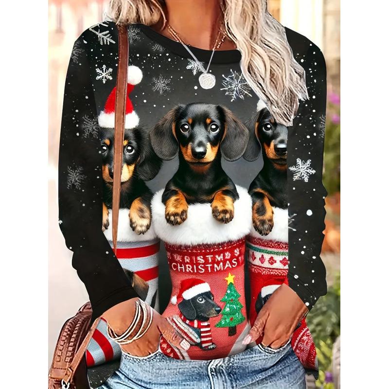 Autumn and Winter Ladies Christmas Kitten 3D Printed Crew Neck Long Sleeve T-Shirt