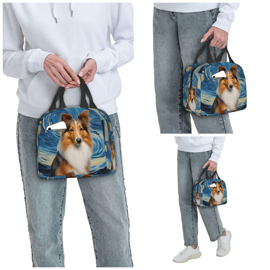 Shetland Sheepdog Dog In A Van Gogh Starry Night Insulated Lunch Bag for Women Office Cooler Thermal Food Box Tote Lunch Boxes