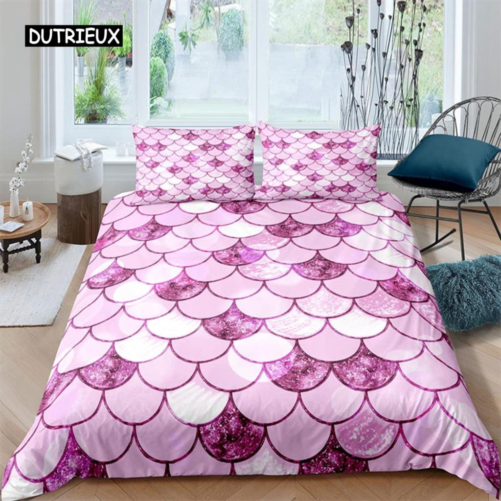 Färgglatt påslakan med sjöjungfruskal, tryck med fiskfjäll, sängklädesset King Full för barn pojkar flickor, havstema, täcköverdrag
