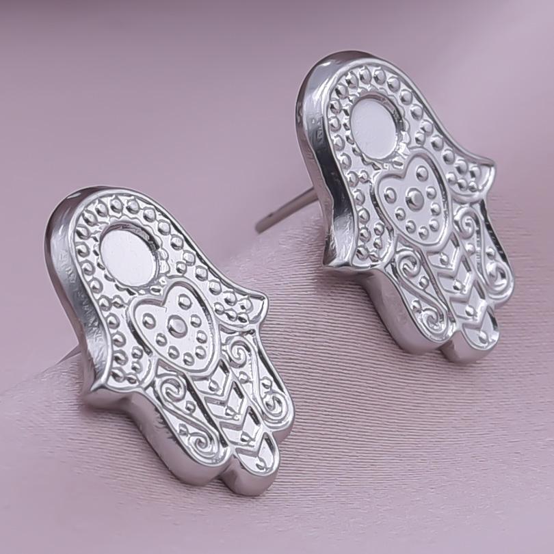 High Quality Piercing Ear Studs Round Fatima Hand Blank Charm Earring Stainless Steel Earrings For Women Men Handmade Materials