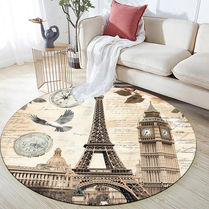 Vintage Eiffel Tower,Round Area Rug,Carpet Rug for Living Room Bedroom Sofa Playroom Decor,Non-slip Floor Mat