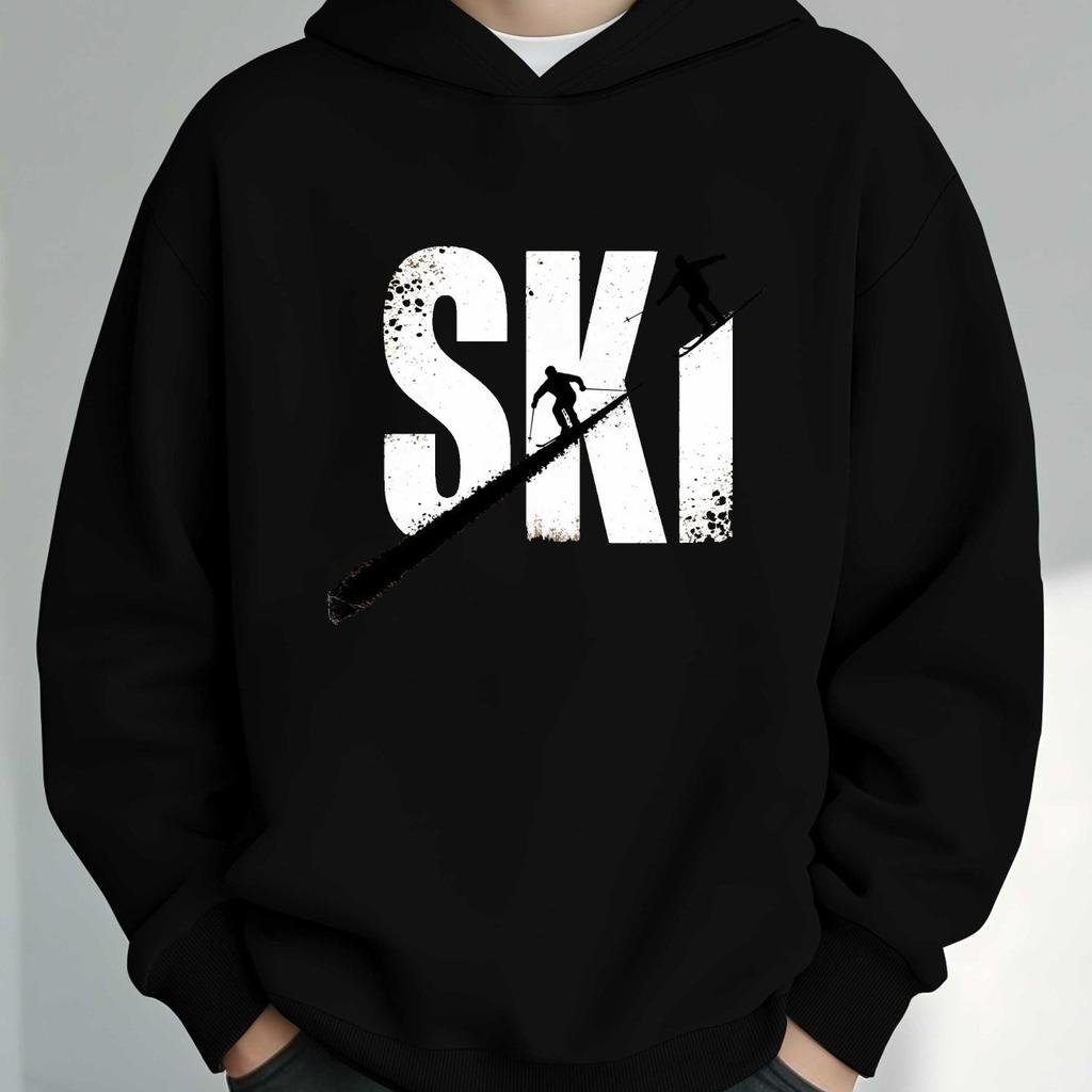 New autumn/winter hooded sweatshirts for boys and girls, featuring a ski grunge winter sports design. Casual and trendy hoodies.